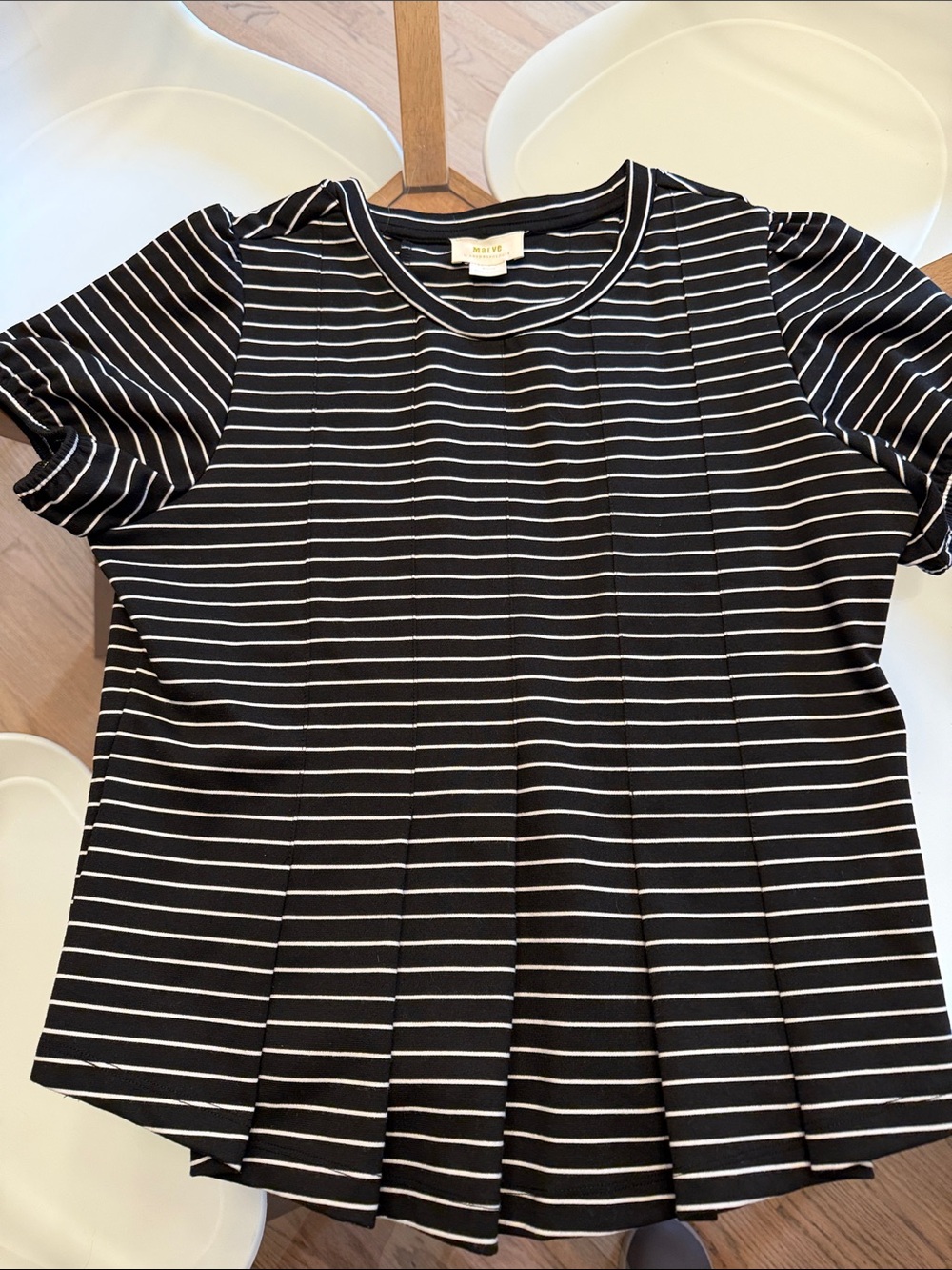 Maeve Black and White Striped Short-Sleeve Pleat Tee